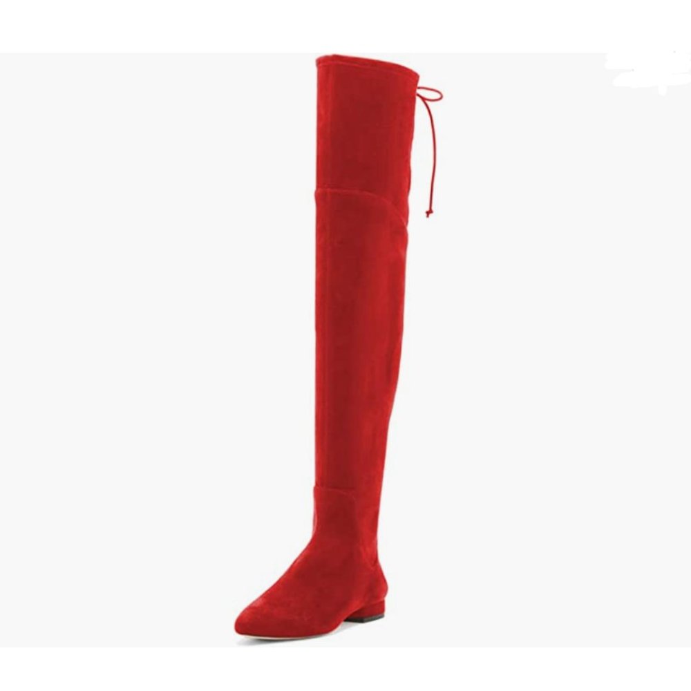 YDN Red Sexy Closed Toe Over The Knee Boot Lace Up Thigh High Low Heel Long Boot